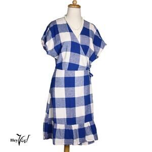 Old Navy Blue White Buffalo Check Wrap Dress Ruffle Hem Cottagecore L - Hey Viv